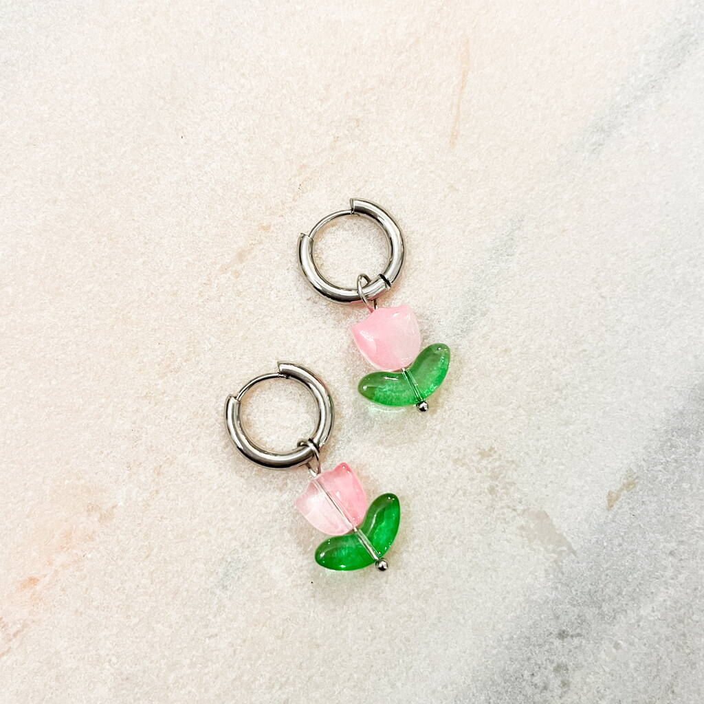 Pink Spring Tulip Huggie Earrings