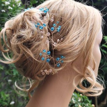 Blue And Blush Pink Crystal Bridal Hair Vine, 2 of 9