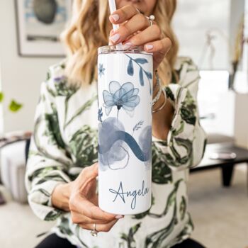 Elegant Blue Floral Tumbler Travel Cup, 3 of 4