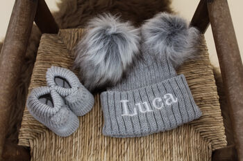 Personalised Baby Blue Double Pom Pom Winter Hat And Booties, 3 of 9