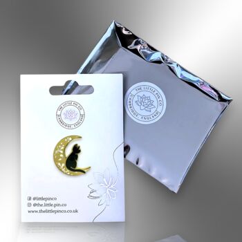 Black Kawaii Cat On Moon Hard Enamel Pin Brooch, Friendship Jewellery Gift, 6 of 9