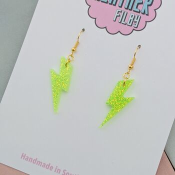 Neon Green Glitter Lightning Bolt Earrings Small And Large, 6 of 10