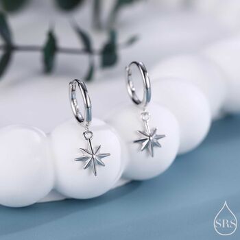 Sterling Silver Tiny Starburst Huggie Hoop Earrings, 2 of 10