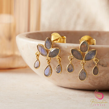 Green Peridot Lotus Flower Stud Drop Earrings, 4 of 9