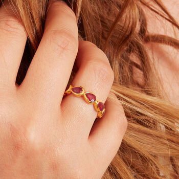 Ruby Pear Cut Cartwheel Gold Plated Silver Ring, 3 of 7