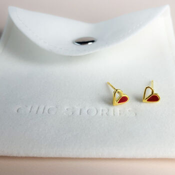 Sterling Silver Gold And Red Heart Stud Earrings, 5 of 6