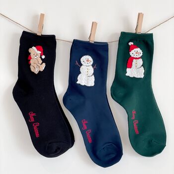 Three Pack Of Christmas Bear And Snowman Socks In Box, 2 of 5