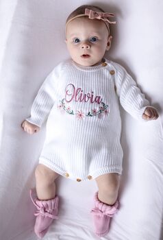 White Personalised Floral Embroidered Long Sleeve Romper, 2 of 12