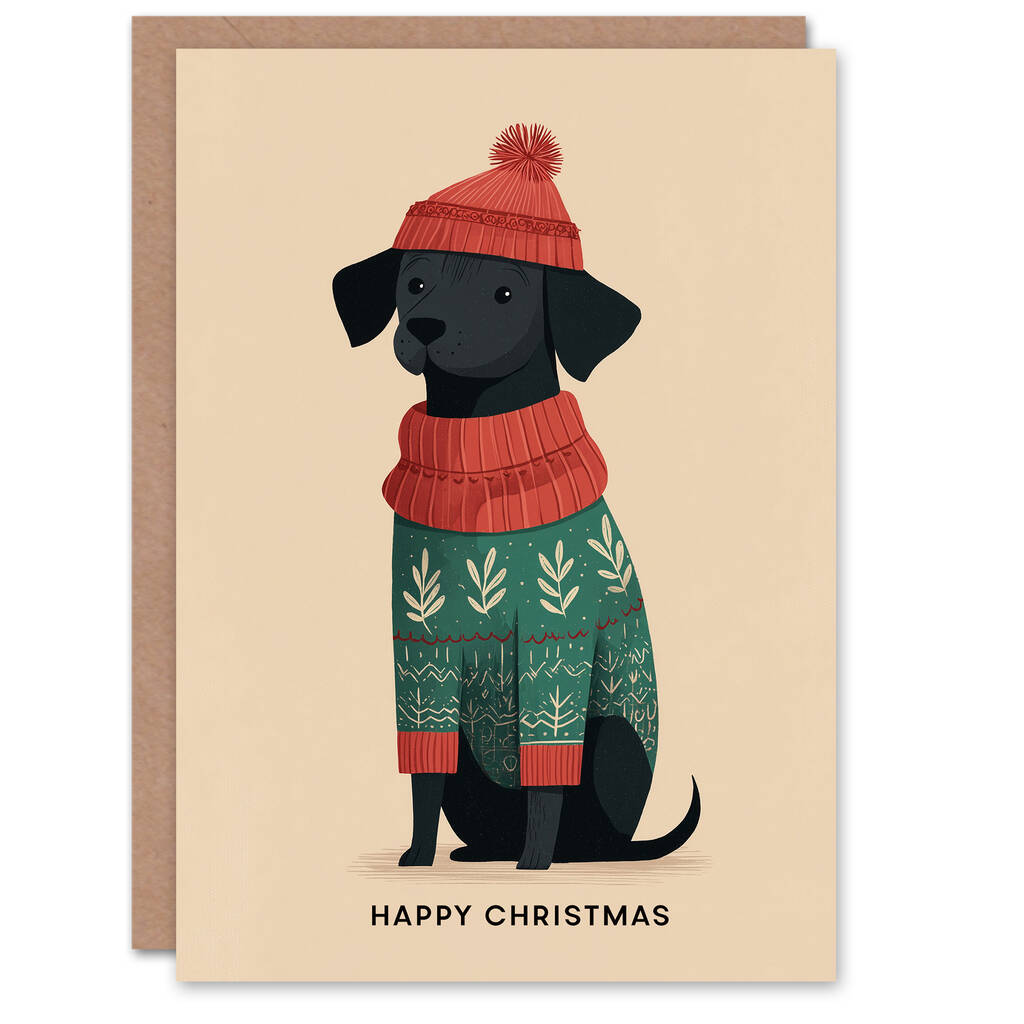 Hipster Black Labrador Dog In Festive Sweater Christmas Card, 1 of 4