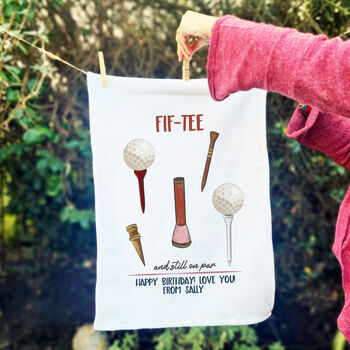 Personalised Fif Tee Tea Towel 50th Birthday Gift For Golfers, 7 of 8