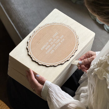 Personalised Wood And Lace Baby Keepsake Box, 2 of 5