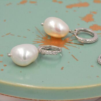 Genuine Pearl Cz Huggie Hoop Earrings Sterling Silver, 9 of 12