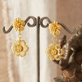 Gold Plated Filigree Double Drop Flower Stud Earrings, 7 of 8