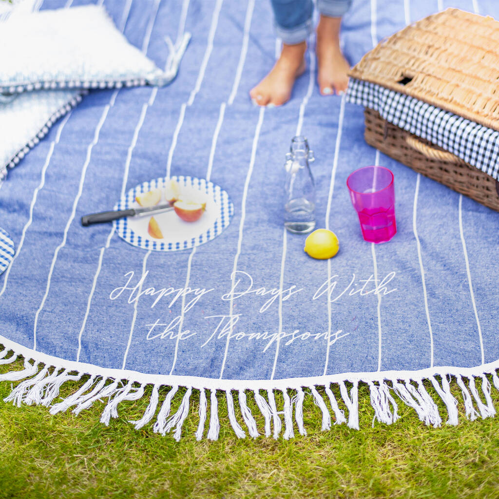 Personalised Round Blue Picnic Or Beach Blanket, 1 of 3
