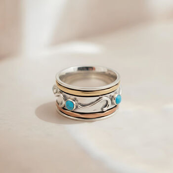 Handmade Silver Spinner Ring Golden Bands And Turquoise, 3 of 3