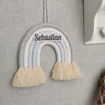 Personalised Rainbow Macrame, Grey Nursery Wall Hanging, 7 of 11