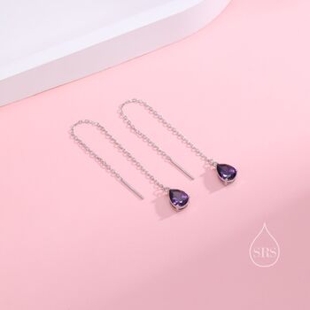 Sterling Silver Amethyst Purple Droplet Threader Earrings, 8 of 12