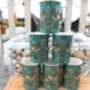 Set Of Six Straight Mugs In Teal Strawberry Thief Design, thumbnail 1 of 10