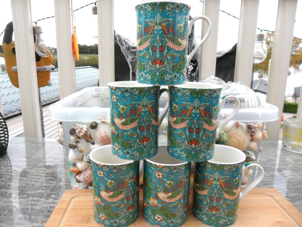 Set Of Six Straight Mugs In Teal Strawberry Thief Design, 1 of 10