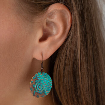 Antique Bronze And Turquoise Disc Drop Earrings, 2 of 3