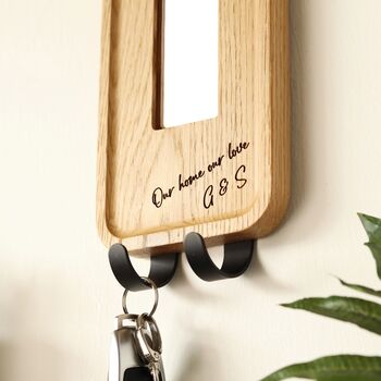Personalised Solid Oak Wall Mirror With Key Hooks – Engraved Hallway Key Holder, 2 of 8