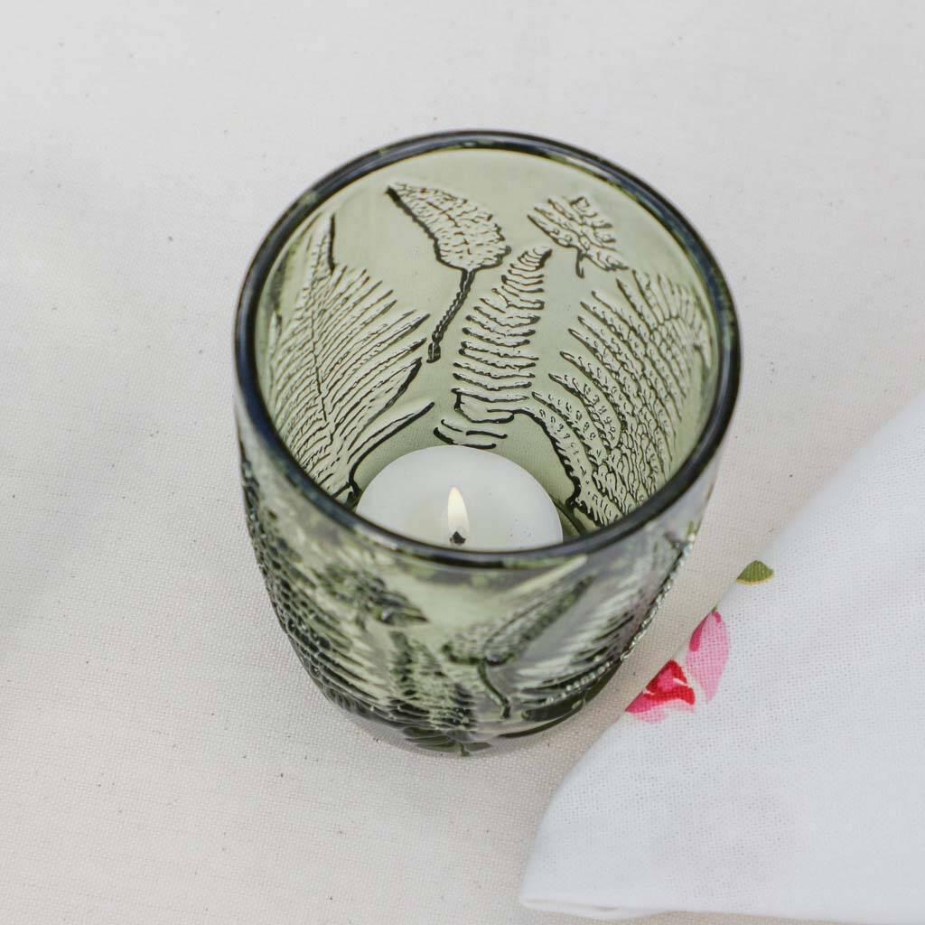 Two Fern Green Glass Tea Light Holders By Dibor