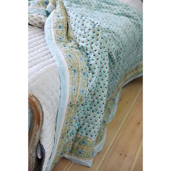 Turquoise Floral Indian Block Printed Cotton Bed Quilt, 4 of 5