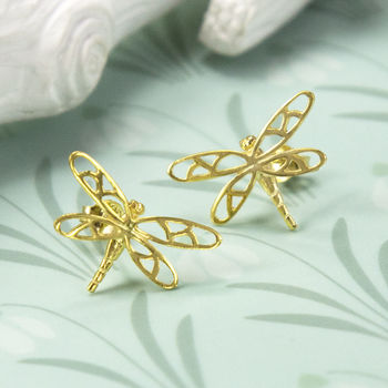 Gold Plated Sterling Silver Dragonfly Stud Earrings, 4 of 5