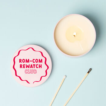 Funny Gift For Her Rom Com Rewatch Club Pink Tin Candle, 2 of 6