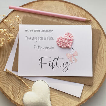 Personalised Pink Crochet Heart Niece 50th Birthday Card, 2 of 2
