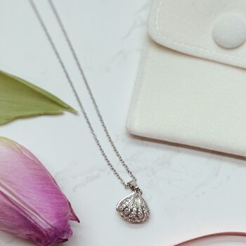 Pearl Shell Necklace – Opens To Reveal A Pearl, Silver Plated With Cubic Zirconia Detail, 3 of 8