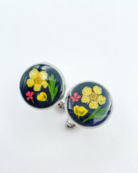 Cufflinks Real Yellow Flowers Leaves Hand Made Stainless Steel 12mm, 4 of 10