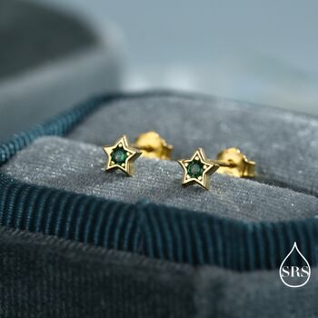 Tiny Emerald Green Cz Star Stud Earrings, 6 of 12