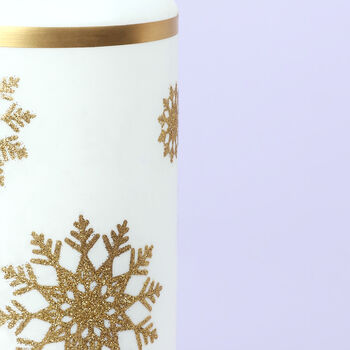 G Decor Snow White Pillar Candle With Gold Snowflakes, 6 of 7