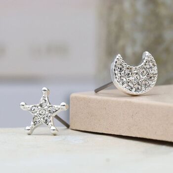 Silver Plated Crystal Star And Moon Stud Earrings, 2 of 3