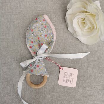 Fabric Bunny Ear Teething Ring, Pink Floral Baby Gift, 7 of 12