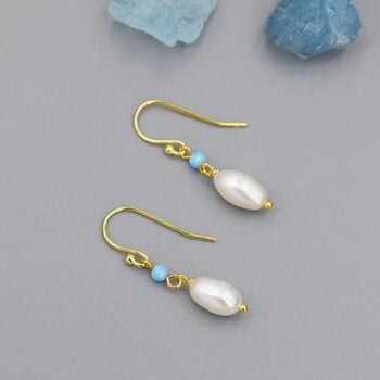 Sterling Silver Genuine Freshwater Pearl And Blue Opal Drop Earrings, 6 of 12
