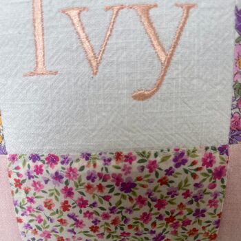 Peachy Pink Patchwork Name Cushion, 6 of 6