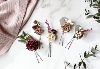Burgundy, Rose Taupe And White Flower Hair Pins, 4 of 6