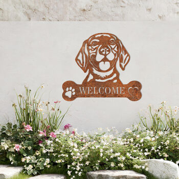 Personalised Beagle Welcome Metal Wall Art Sign For Home And Garden Gift, 8 of 11