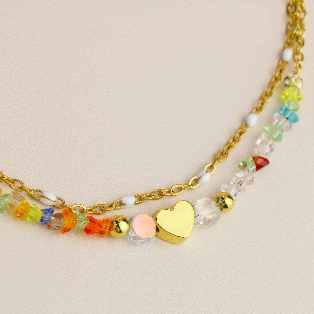 14k Gold Double Layered Colourful Bead Heart Bracelet, 1 of 3