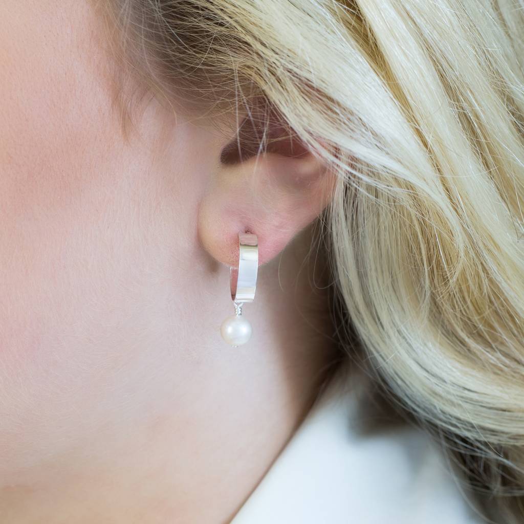 Silver Hoop Earrings With Pearl Drop By Bish Bosh Becca