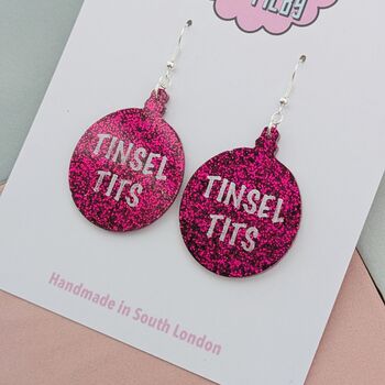 Hot Pink Tinsel Tits Glitter Resin Christmas Earrings, 3 of 4