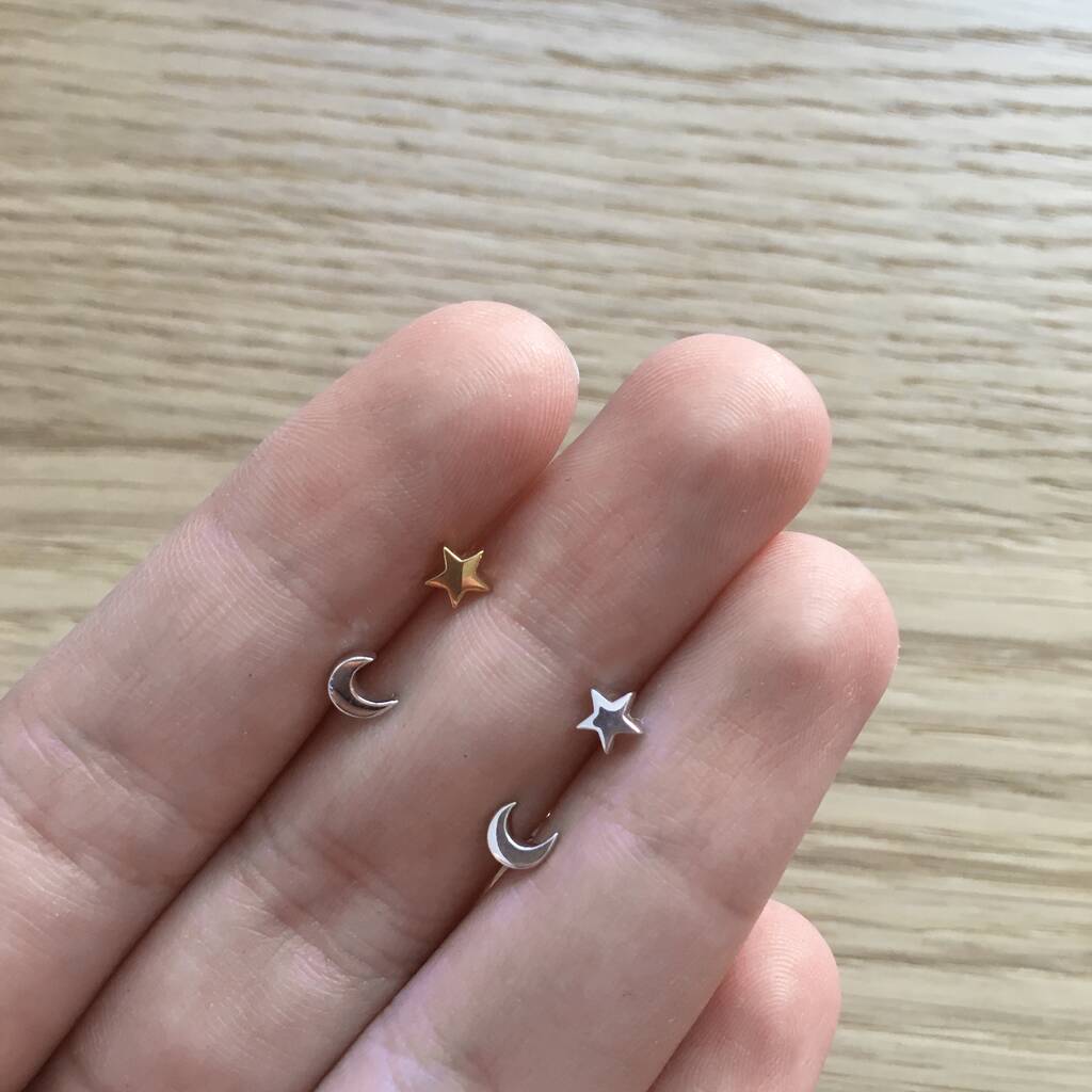 Mini Moon And Star Stud Earrings Silver Or Gold Vermeil, 1 of 3