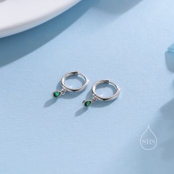 Tiny Dotted Droplet Emerald Green Cz Hoop Earrings, 4 of 11