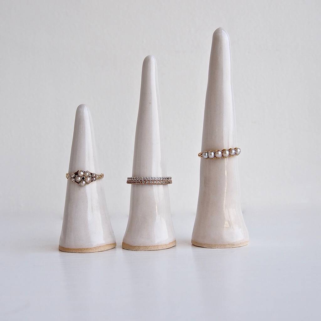Handmade White Gloss Ceramic Ring Holder Cones, 1 of 11