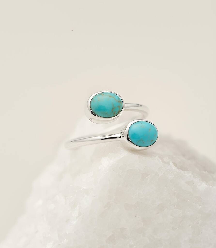 Open Adjustable Sterling Silver Turquoise Ring – Double Oval Gemstones, 1 of 5