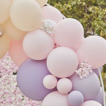 Pink, Lilac And Grey Balloon Arch With Hydrangeas, 2 of 5