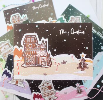 Christmas Glitter Postcard Set, Gingerbread Shops, 5 of 8