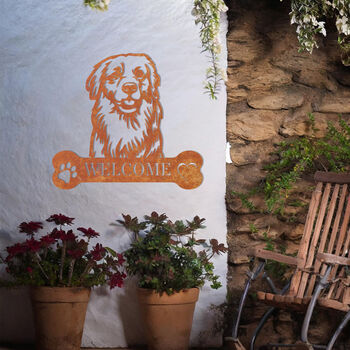 Customisable Golden Retriever Welcome Metal Wall Art Sign For Home And Garden Gift, 7 of 11